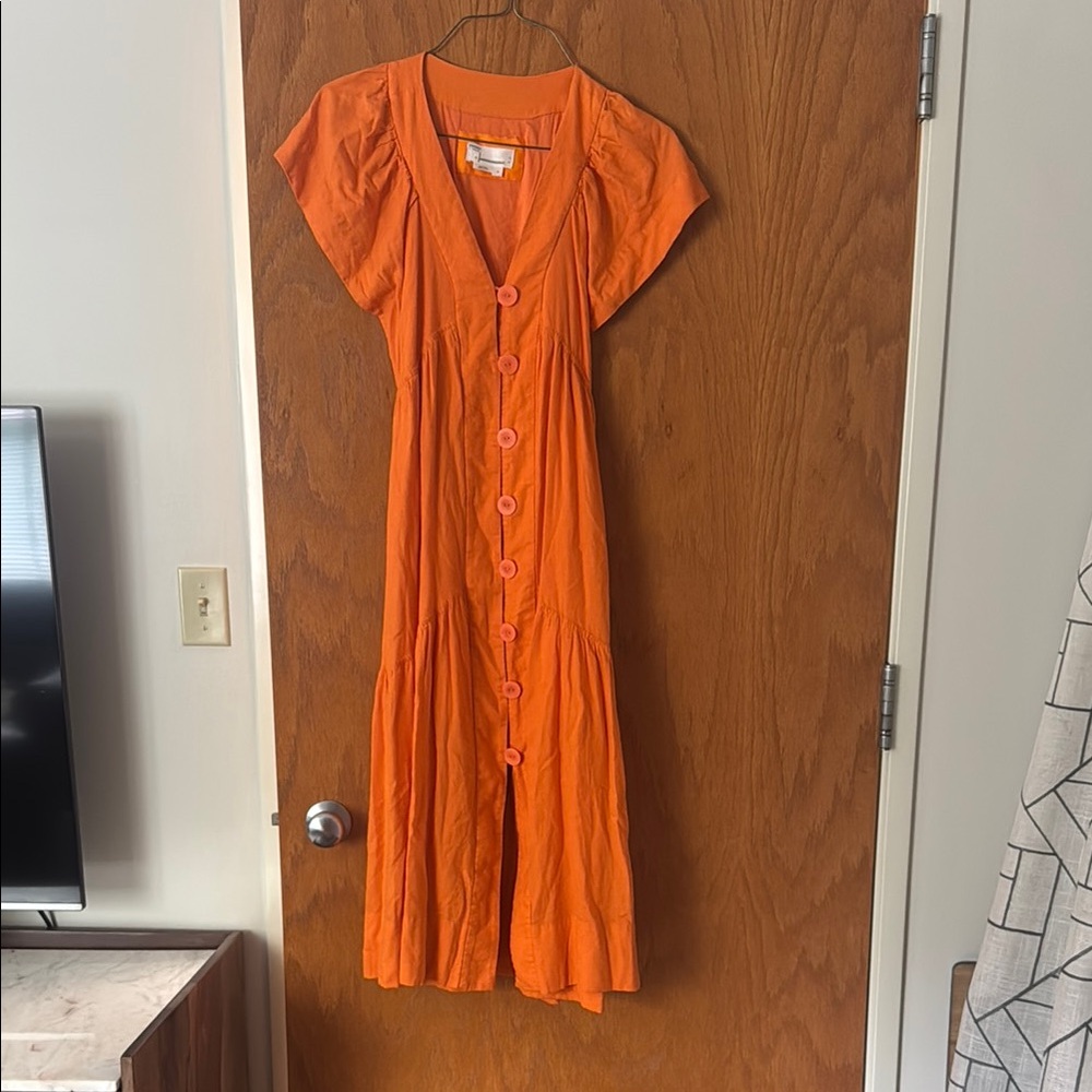 By Anthropologie The Renee Flutter-Sleeve Linen Button-Front Midi Dress